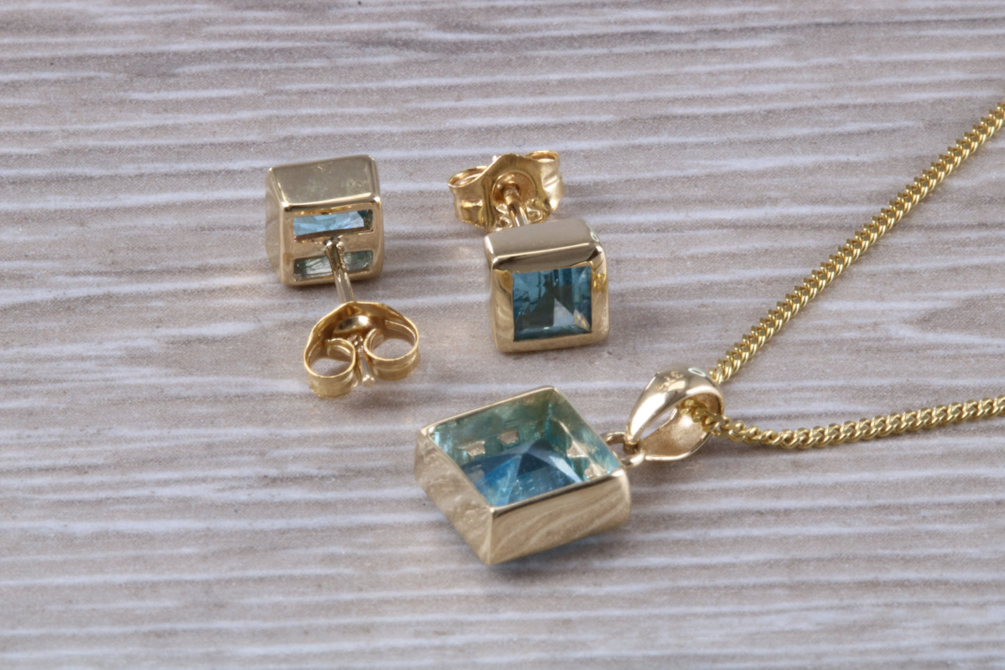 Real Topaz Earrings and Necklace Set, Solid 9ct Yellow Gold