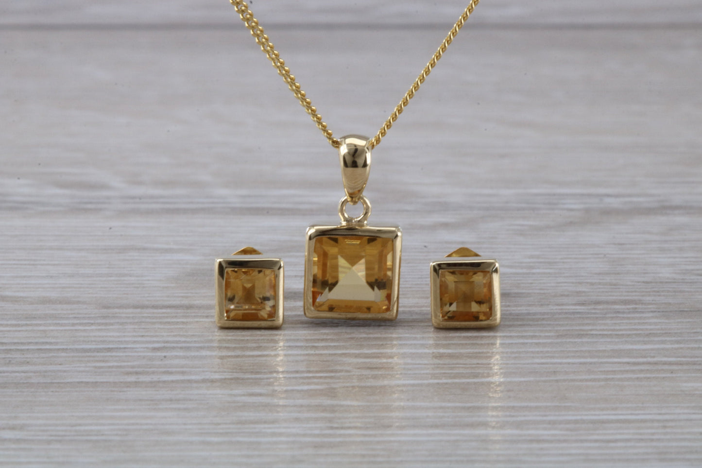 Real Citrine Earrings and Necklace Set, Solid 9ct Yellow Gold