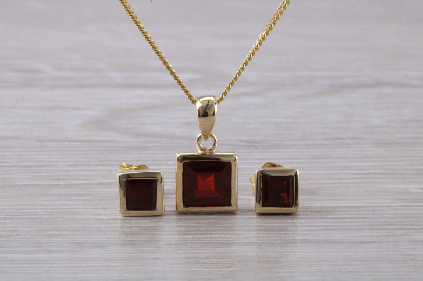 Real Garnet Earrings and Necklace Set, Solid 9ct Yellow Gold