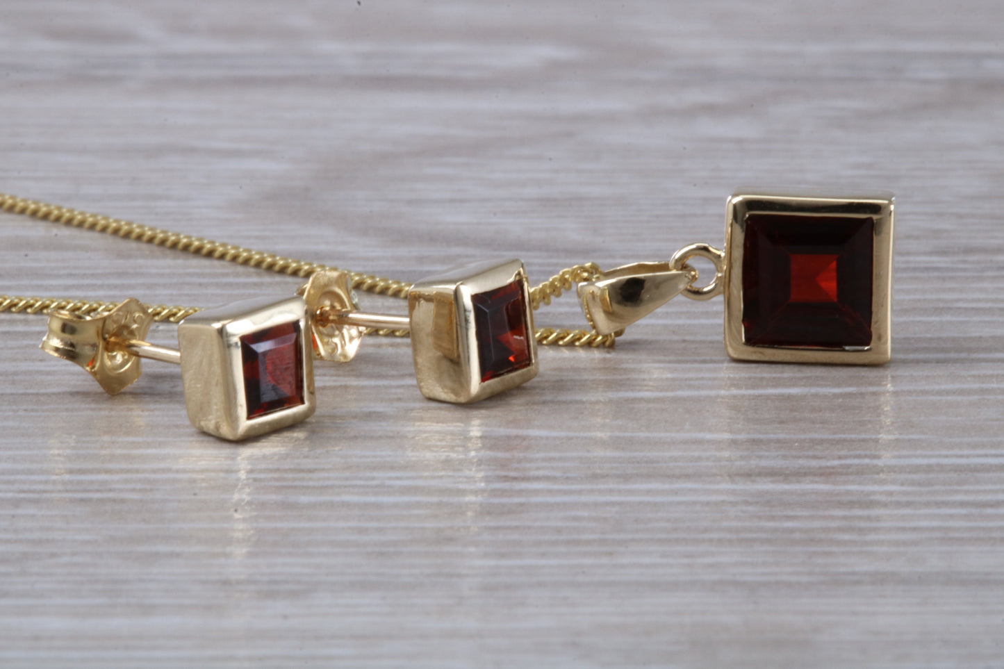 Real Garnet Earrings and Necklace Set, Solid 9ct Yellow Gold