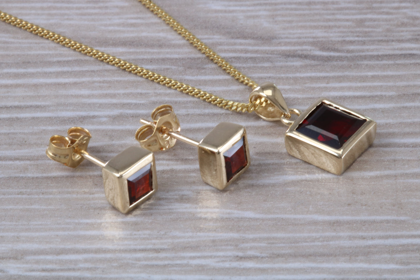 Real Garnet Earrings and Necklace Set, Solid 9ct Yellow Gold