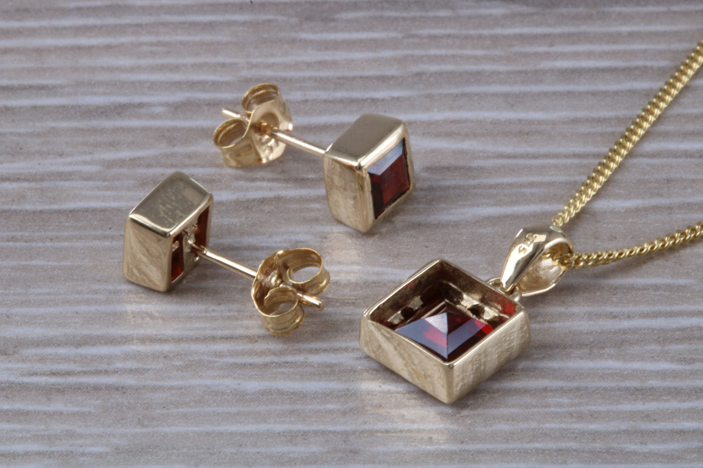Real Garnet Earrings and Necklace Set, Solid 9ct Yellow Gold