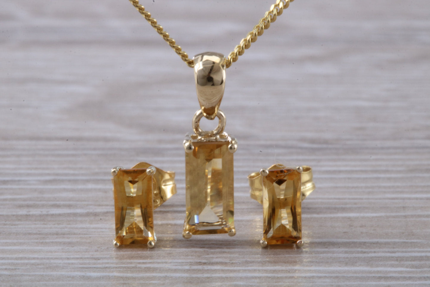 Real Citrine Earrings and Necklace Set, Solid 9ct Yellow Gold