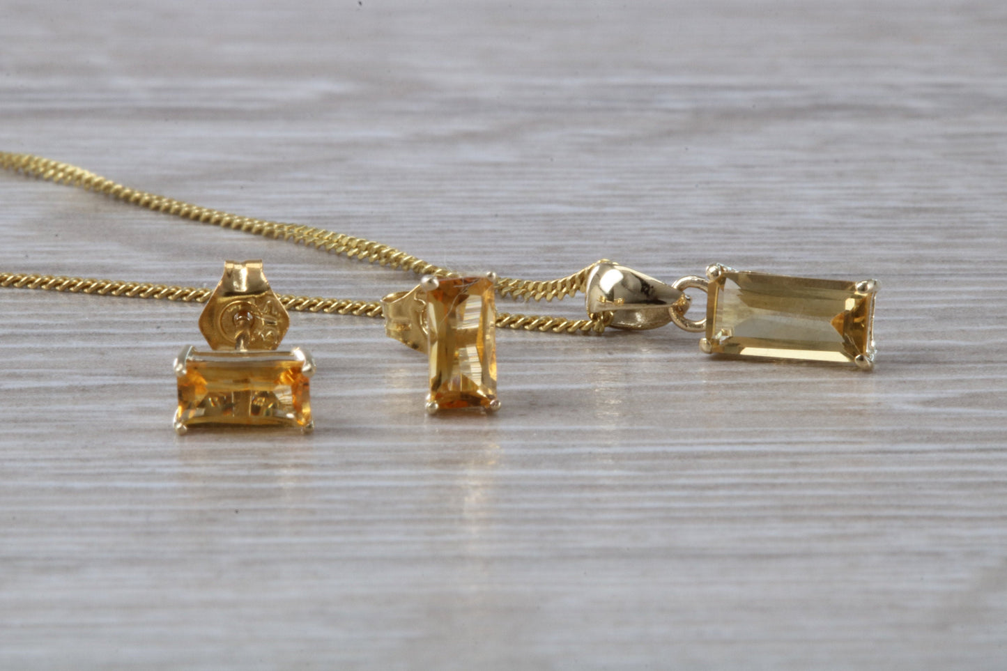 Real Citrine Earrings and Necklace Set, Solid 9ct Yellow Gold