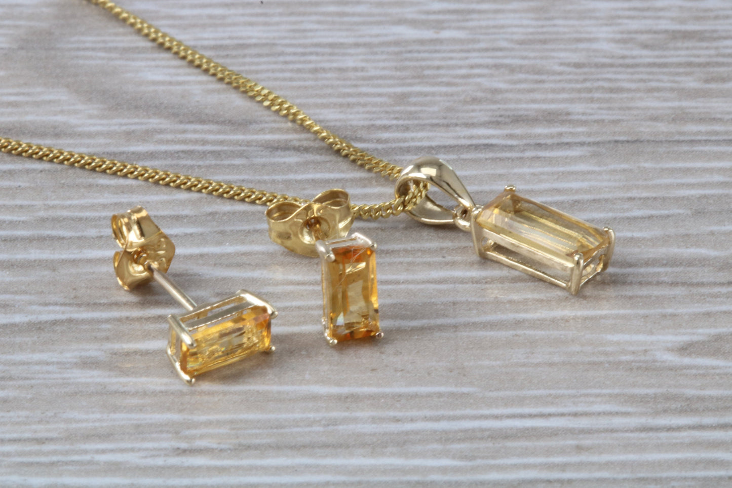 Real Citrine Earrings and Necklace Set, Solid 9ct Yellow Gold