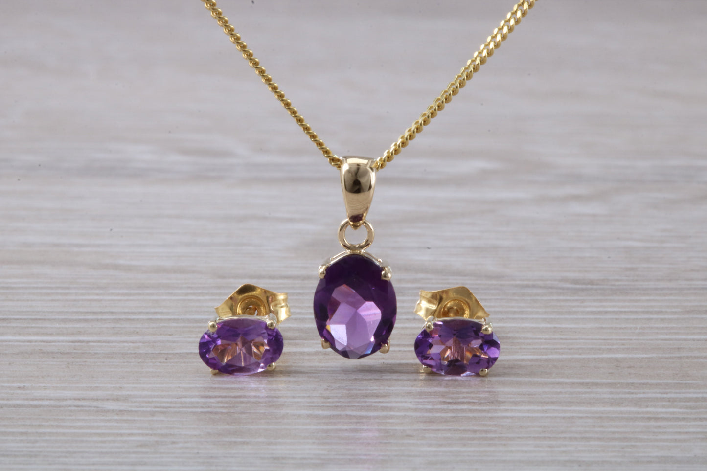 Real Amethyst Earrings and Necklace Set, Solid 9ct Yellow Gold