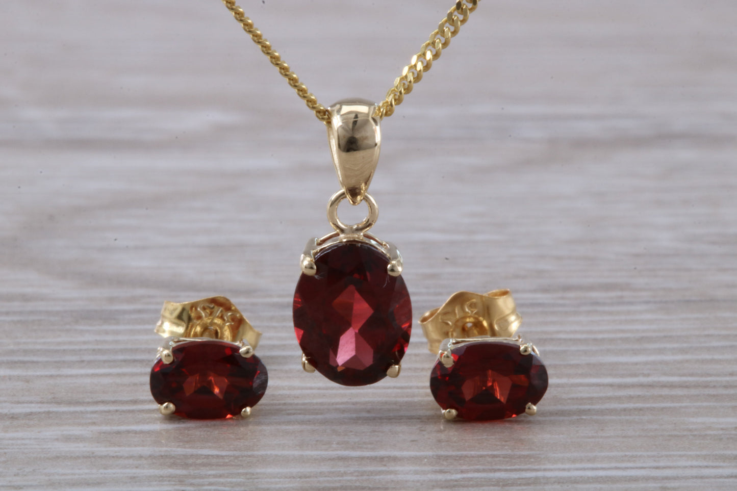 Real Garnet Earrings and Necklace Set, Solid 9ct Yellow Gold