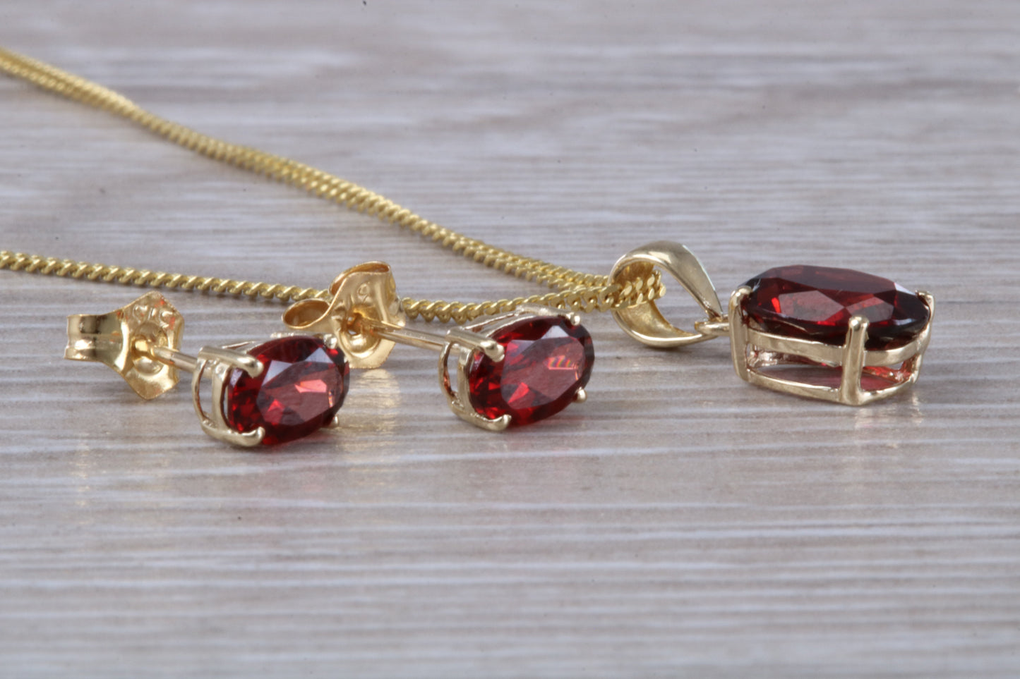 Real Garnet Earrings and Necklace Set, Solid 9ct Yellow Gold