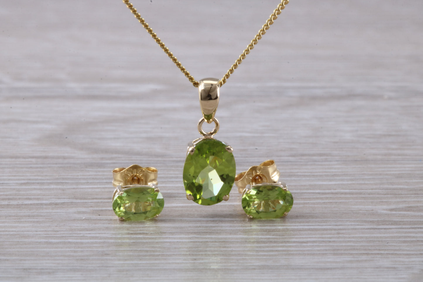 Real Peridot Earrings and Necklace Set, Solid 9ct Yellow Gold