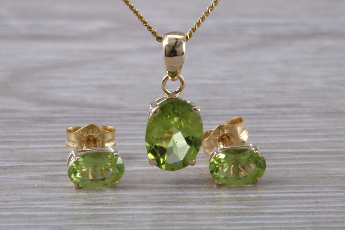 Real Peridot Earrings and Necklace Set, Solid 9ct Yellow Gold