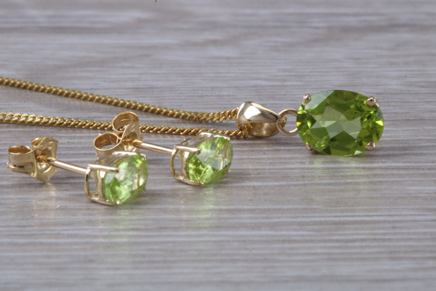 Real Peridot Earrings and Necklace Set, Solid 9ct Yellow Gold