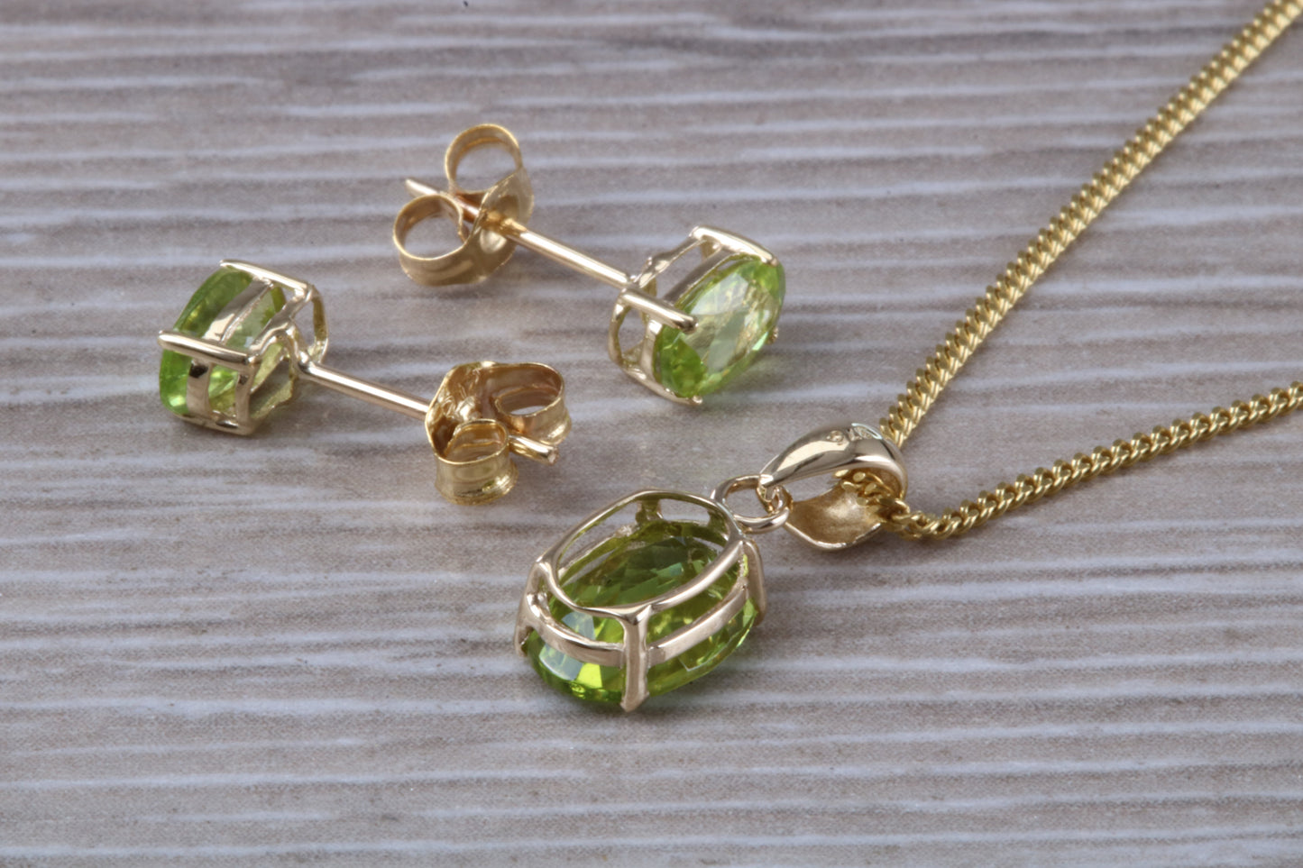Real Peridot Earrings and Necklace Set, Solid 9ct Yellow Gold