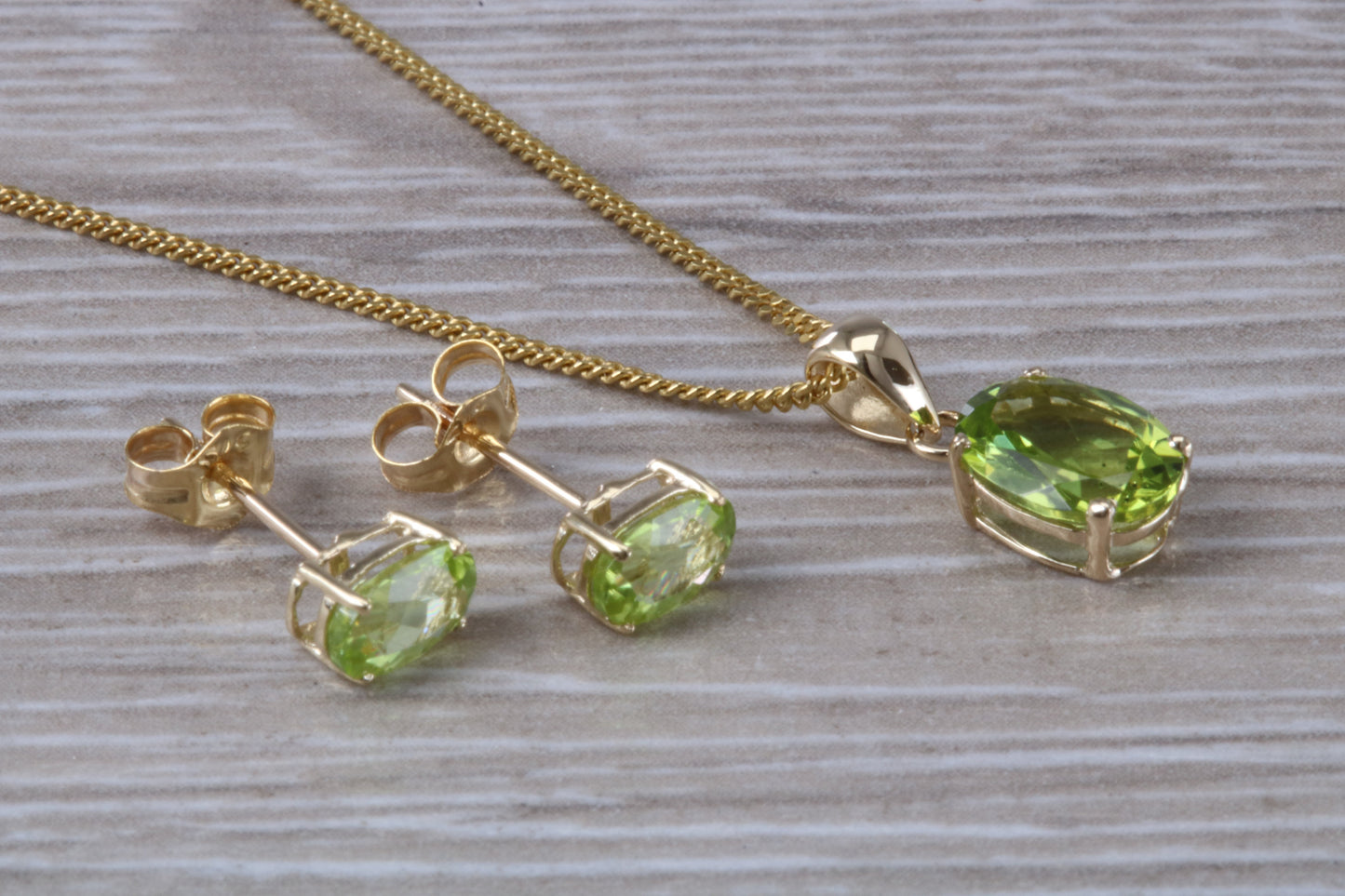 Real Peridot Earrings and Necklace Set, Solid 9ct Yellow Gold