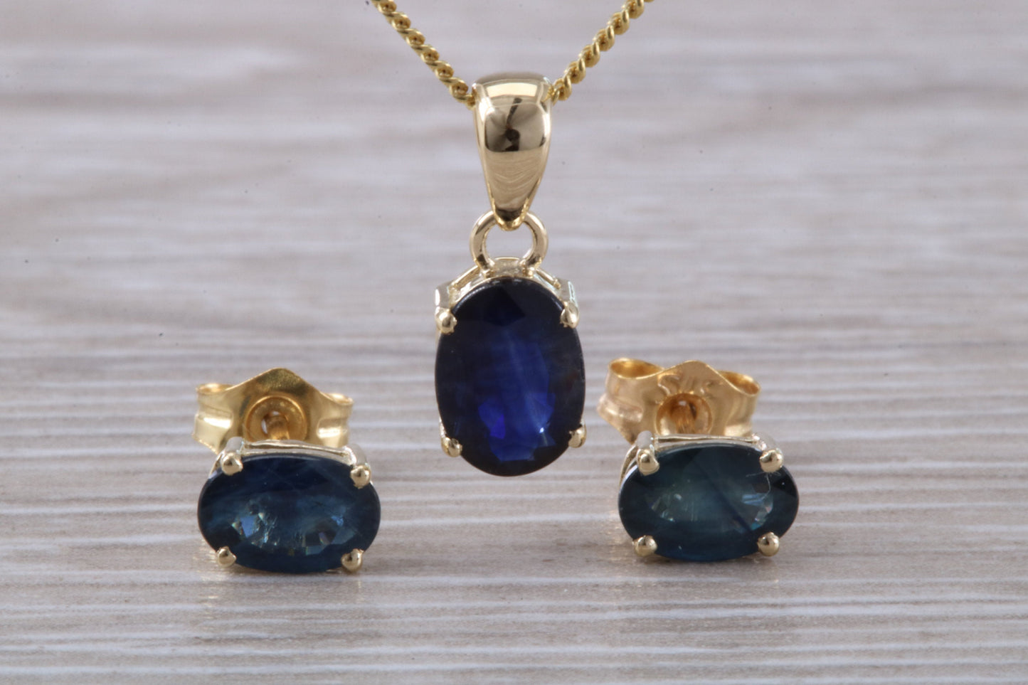 Real Blue Sapphire Earrings and Necklace Set, Solid 9ct Yellow Gold
