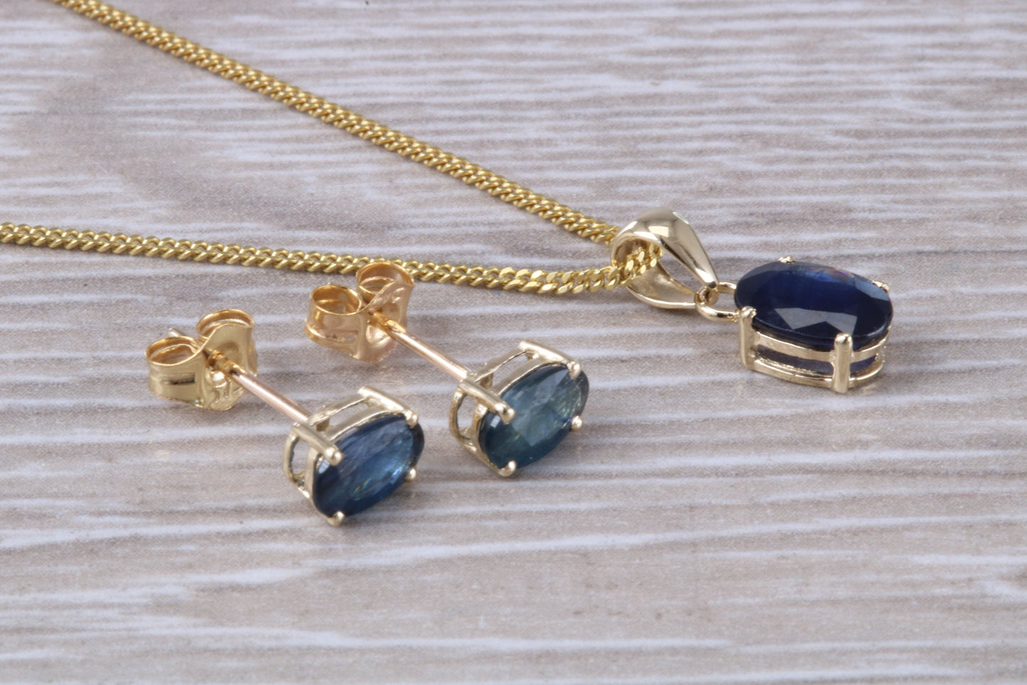 Real Blue Sapphire Earrings and Necklace Set, Solid 9ct Yellow Gold