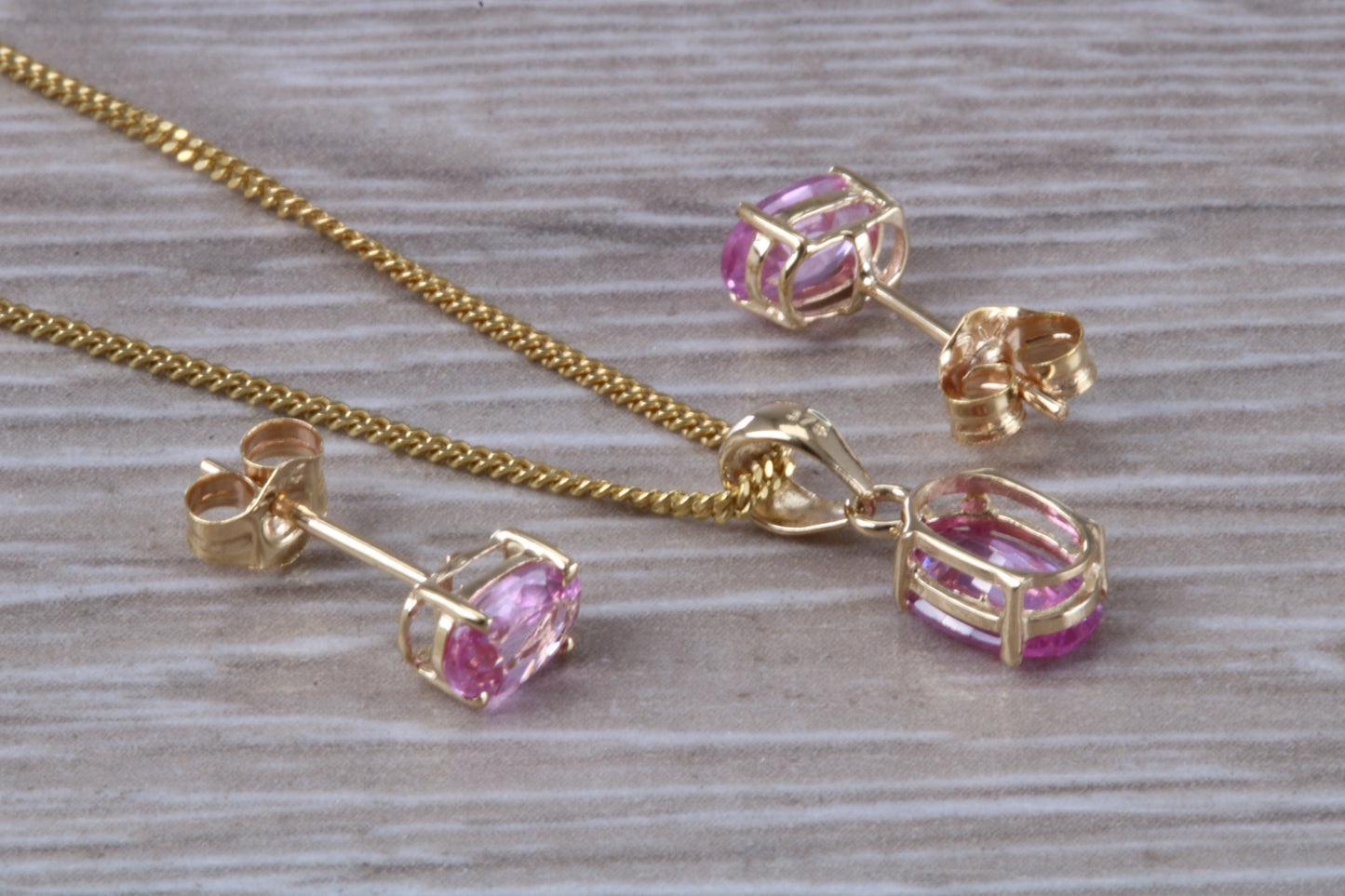 Real Pink Sapphire Earrings and Necklace Set Solid 9ct Yellow Gold