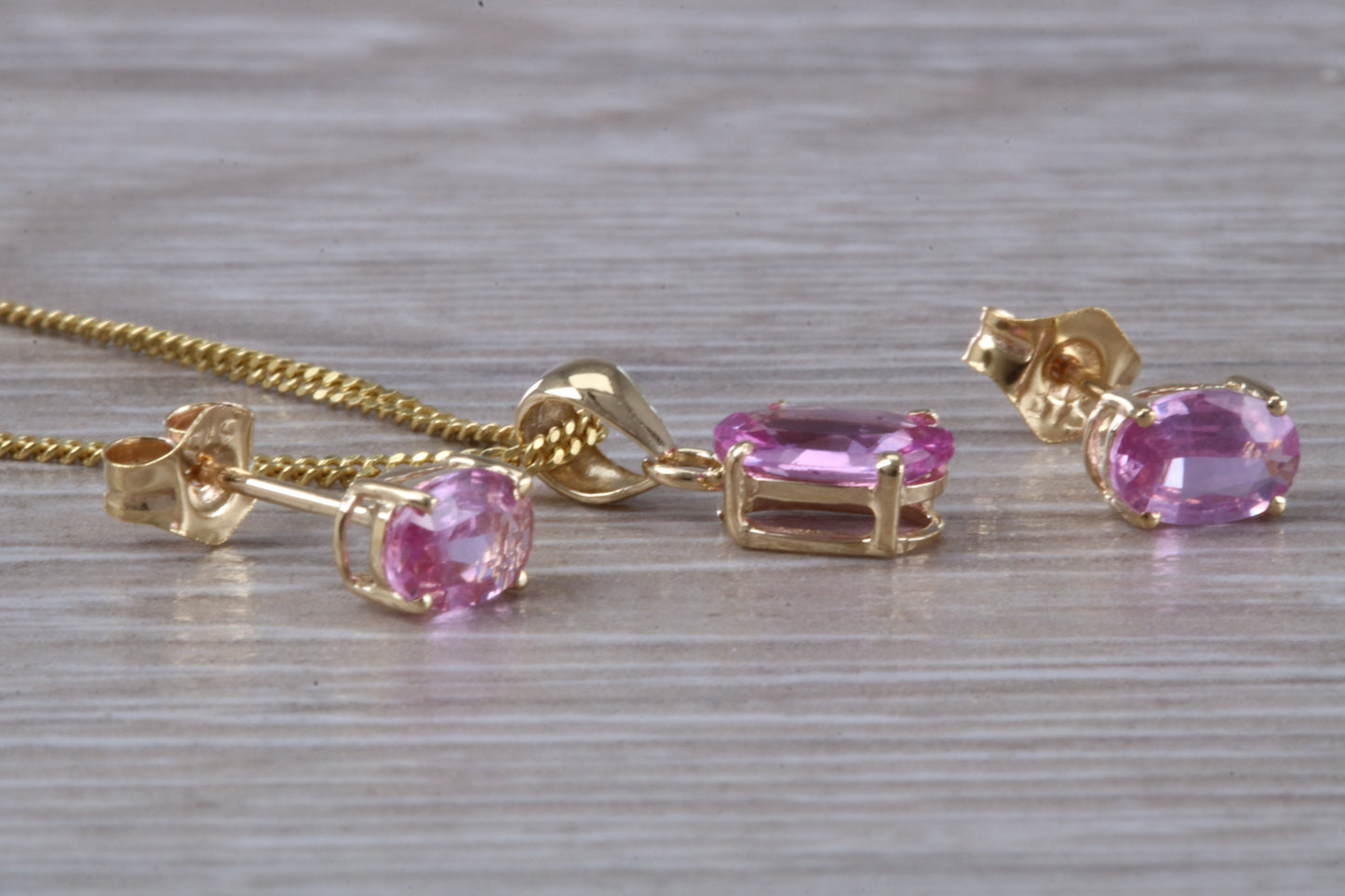 Real Pink Sapphire Earrings and Necklace Set Solid 9ct Yellow Gold