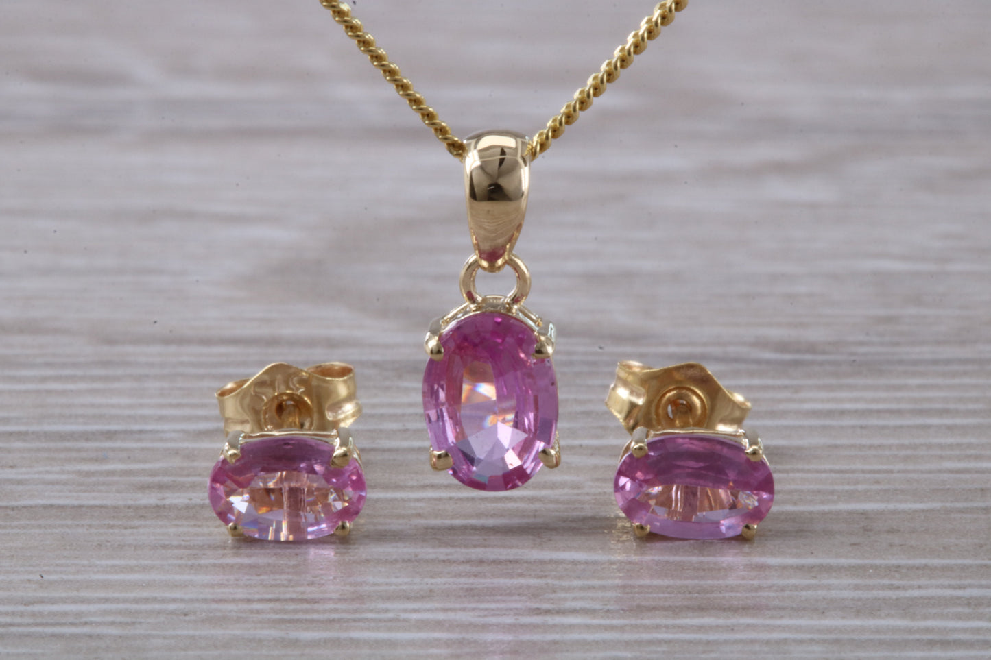 Real Pink Sapphire Earrings and Necklace Set Solid 9ct Yellow Gold
