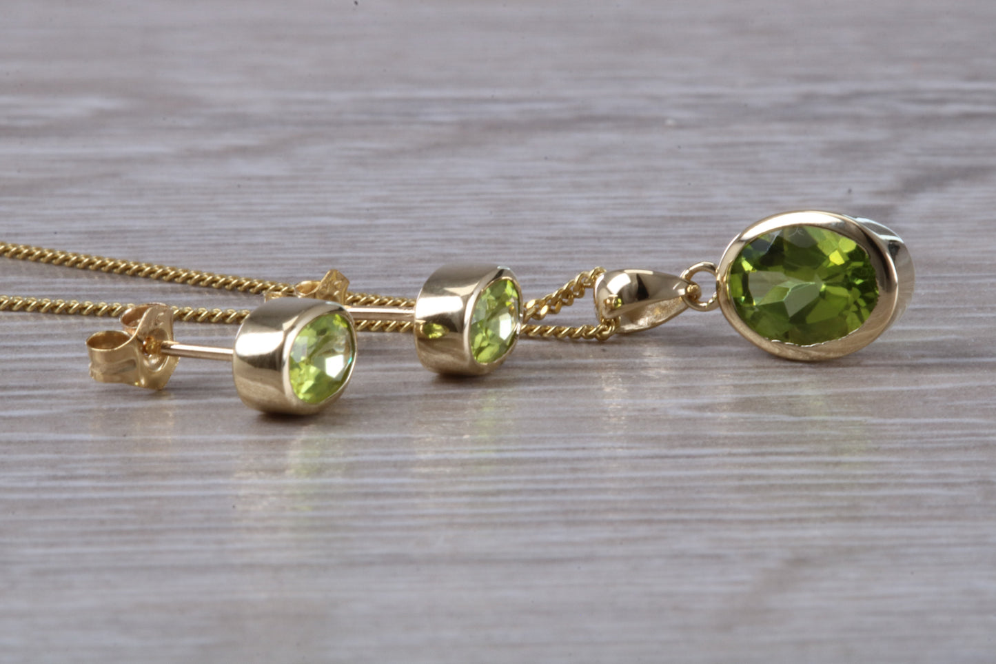 Real Peridot Earrings and Necklace Set, Solid 9ct Yellow Gold