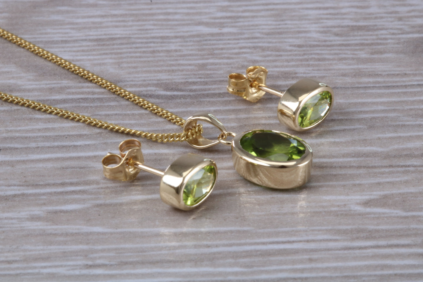 Real Peridot Earrings and Necklace Set, Solid 9ct Yellow Gold