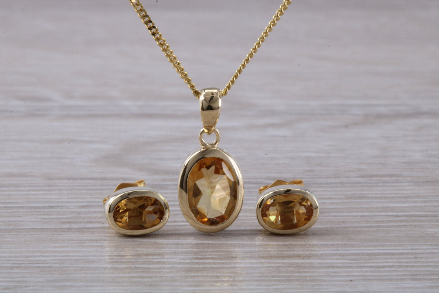 Real Citrine Earrings and Necklace Solid 9ct Yellow Gold