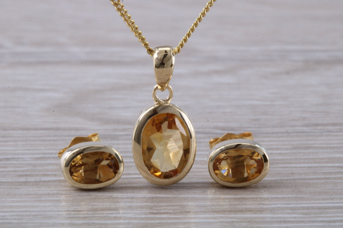 Real Citrine Earrings and Necklace Solid 9ct Yellow Gold