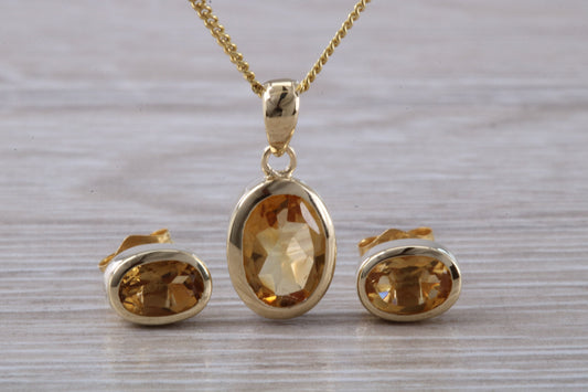 Real Citrine Earrings and Necklace Solid 9ct Yellow Gold