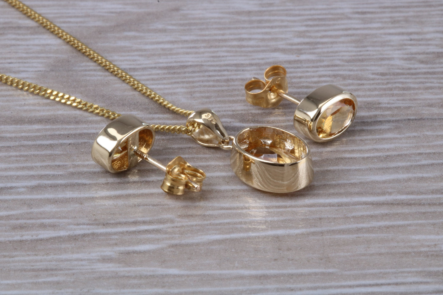 Real Citrine Earrings and Necklace Solid 9ct Yellow Gold