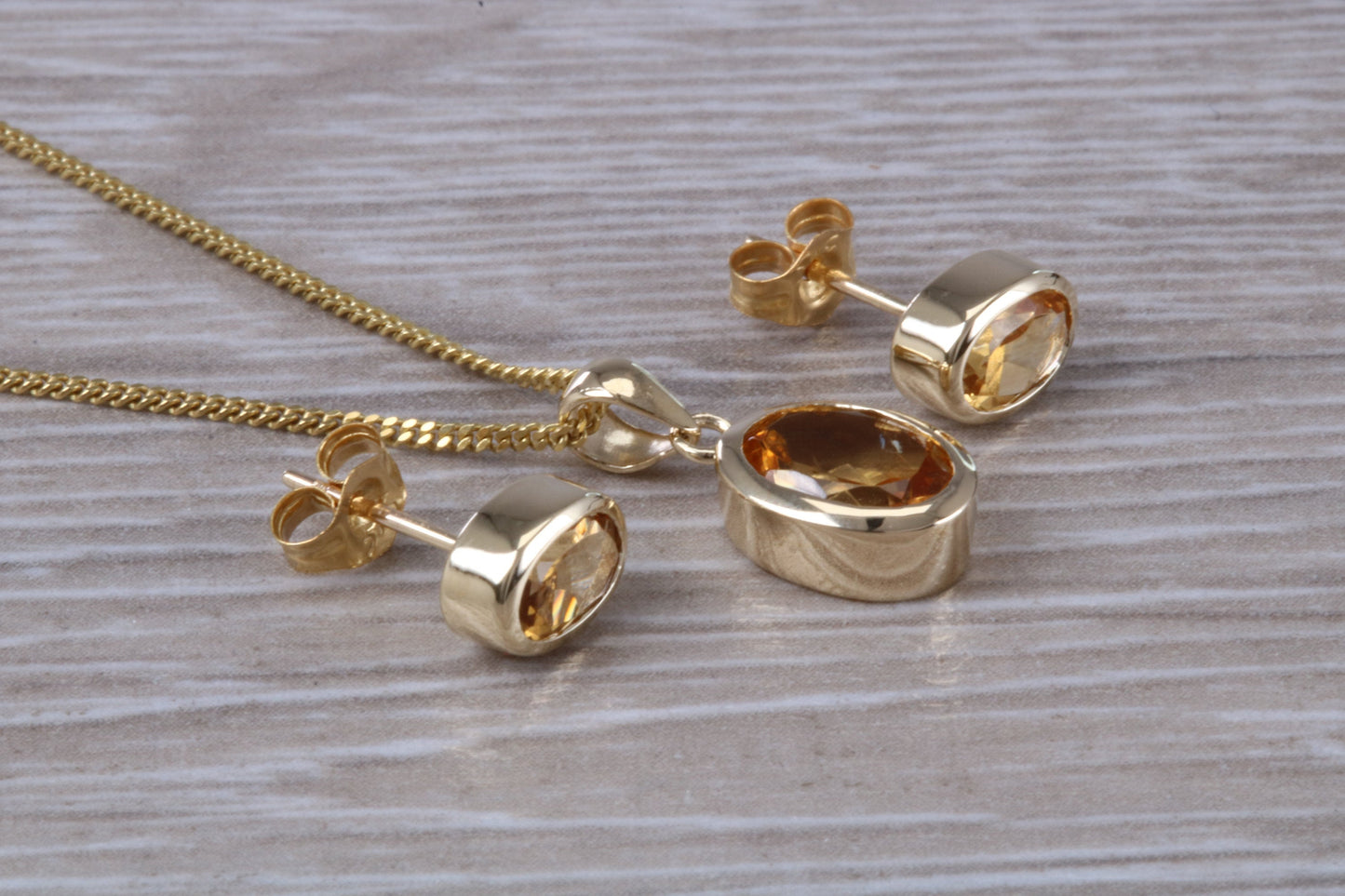 Real Citrine Earrings and Necklace Solid 9ct Yellow Gold
