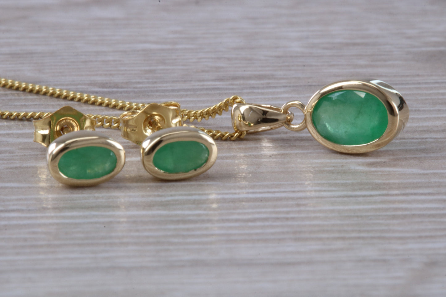 Real Emerald Earrings and Necklace Set, Solid 9ct Yellow Gold