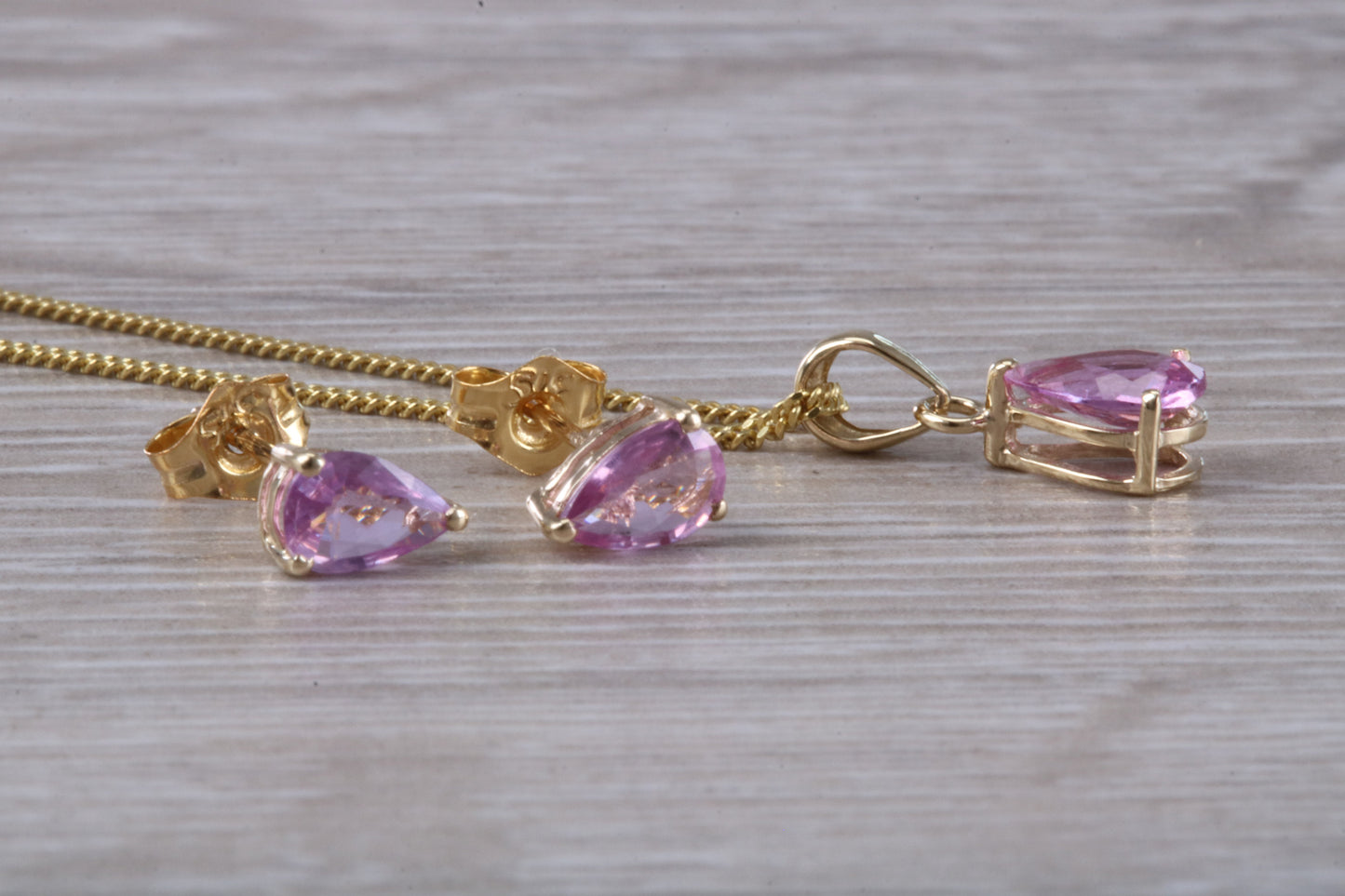 Real Pink Sapphire Earrings and Necklace Set, Solid 9ct Yellow Gold