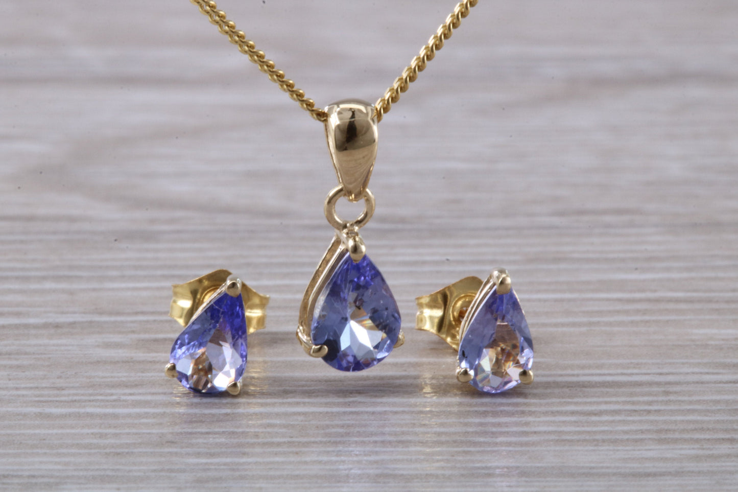 Real Tanzanite Earrings and Necklace Set, solid 9ct Yellow Gold