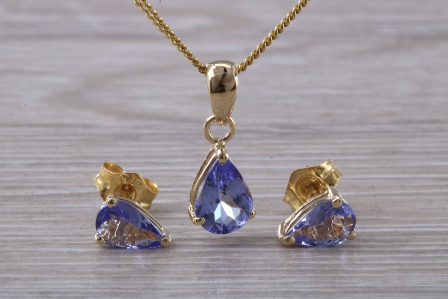 Real Tanzanite Earrings and Necklace Set, solid 9ct Yellow Gold