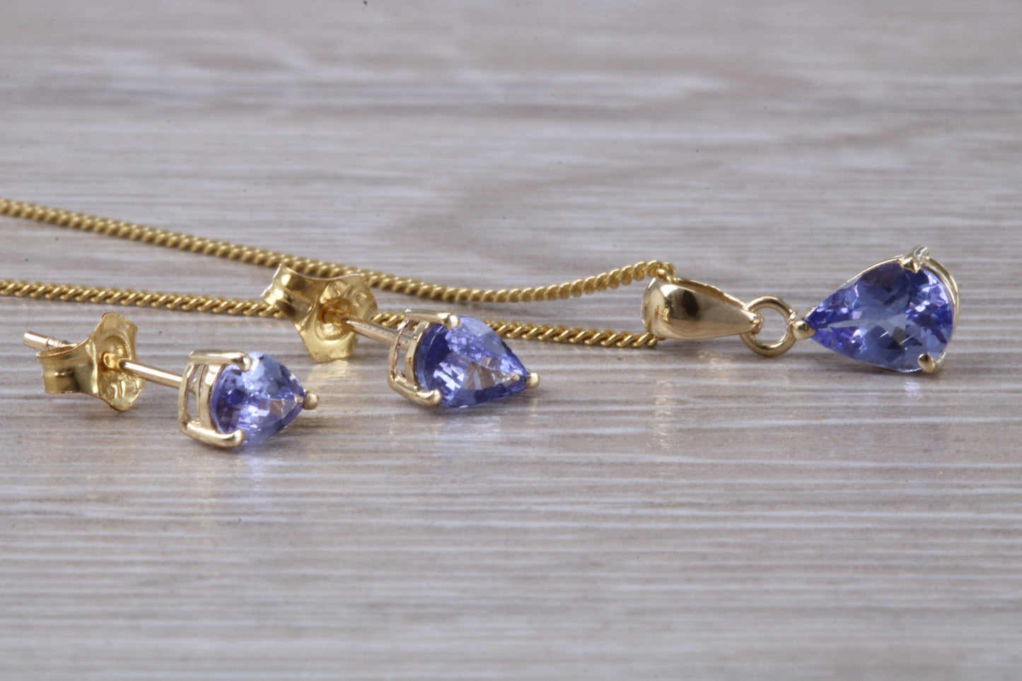 Real Tanzanite Earrings and Necklace Set, solid 9ct Yellow Gold
