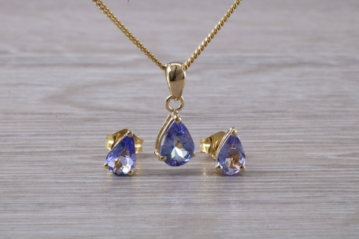 Real Tanzanite Earrings and Necklace Set, solid 9ct Yellow Gold
