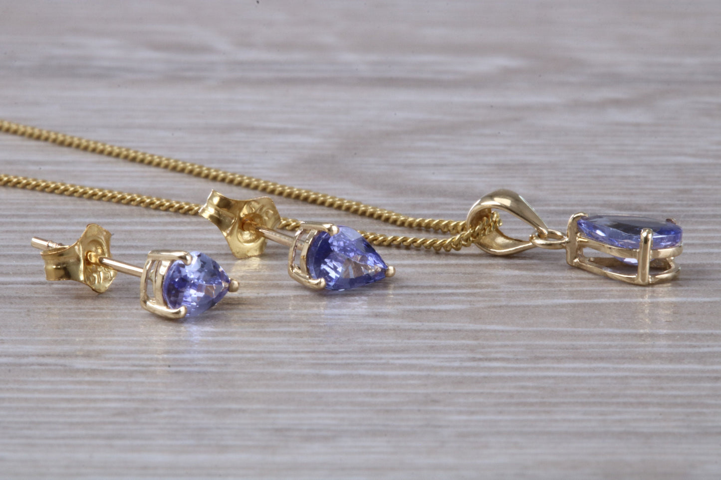 Real Tanzanite Earrings and Necklace Set, solid 9ct Yellow Gold