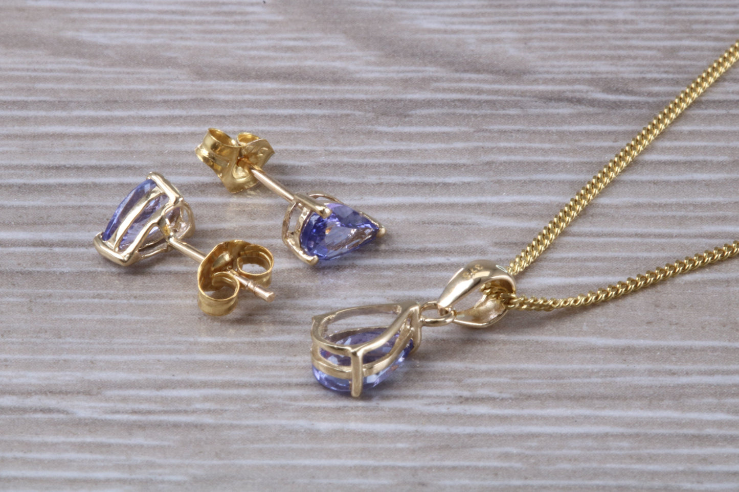 Real Tanzanite Earrings and Necklace Set, solid 9ct Yellow Gold