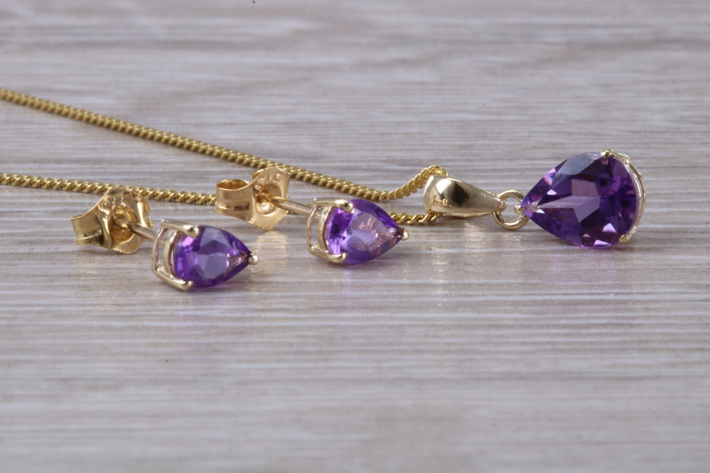 Real Amethyst Earrings and Necklace Set, Solid 9ct Yellow Gold