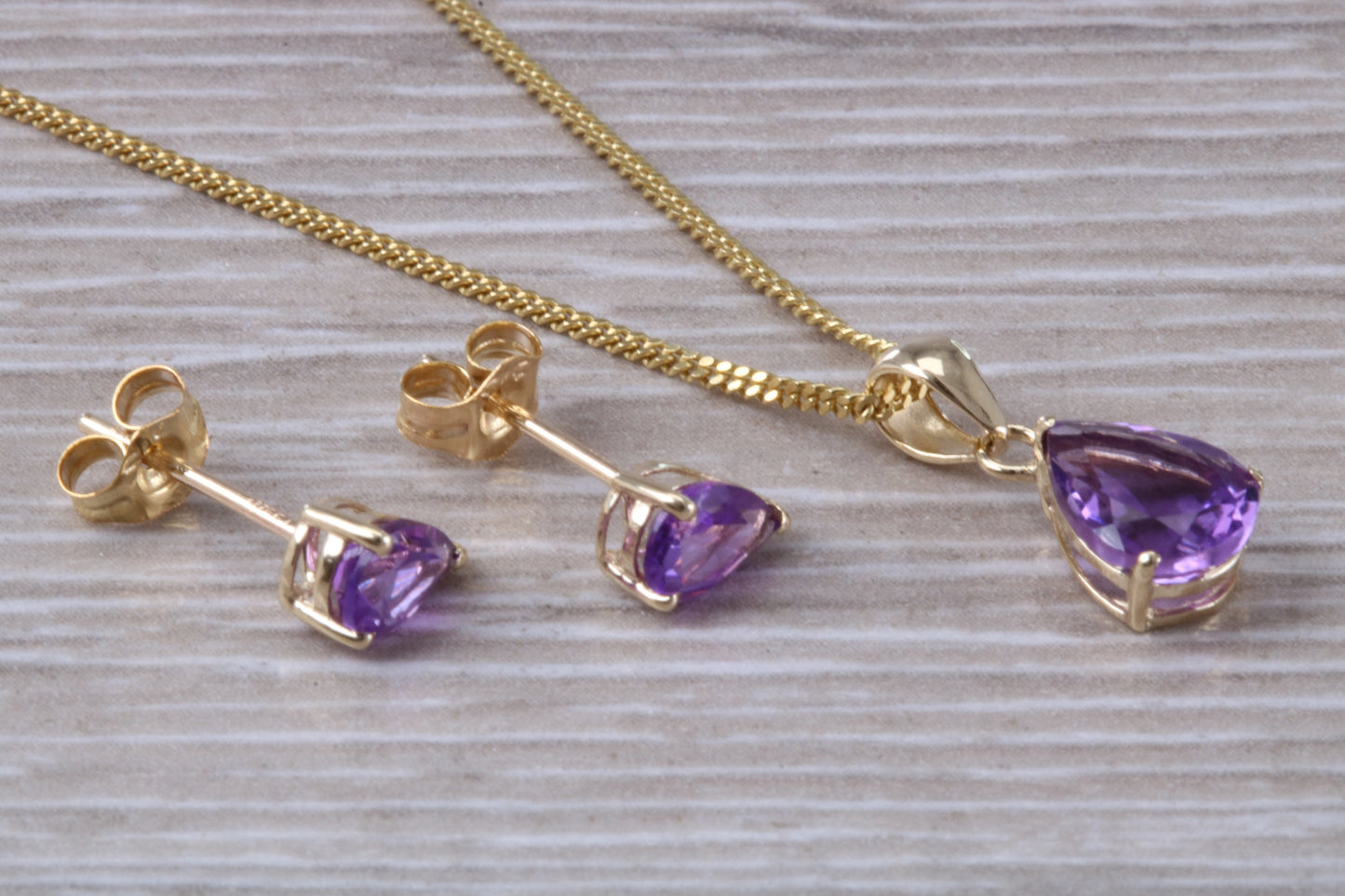 Real Amethyst Earrings and Necklace Set, Solid 9ct Yellow Gold