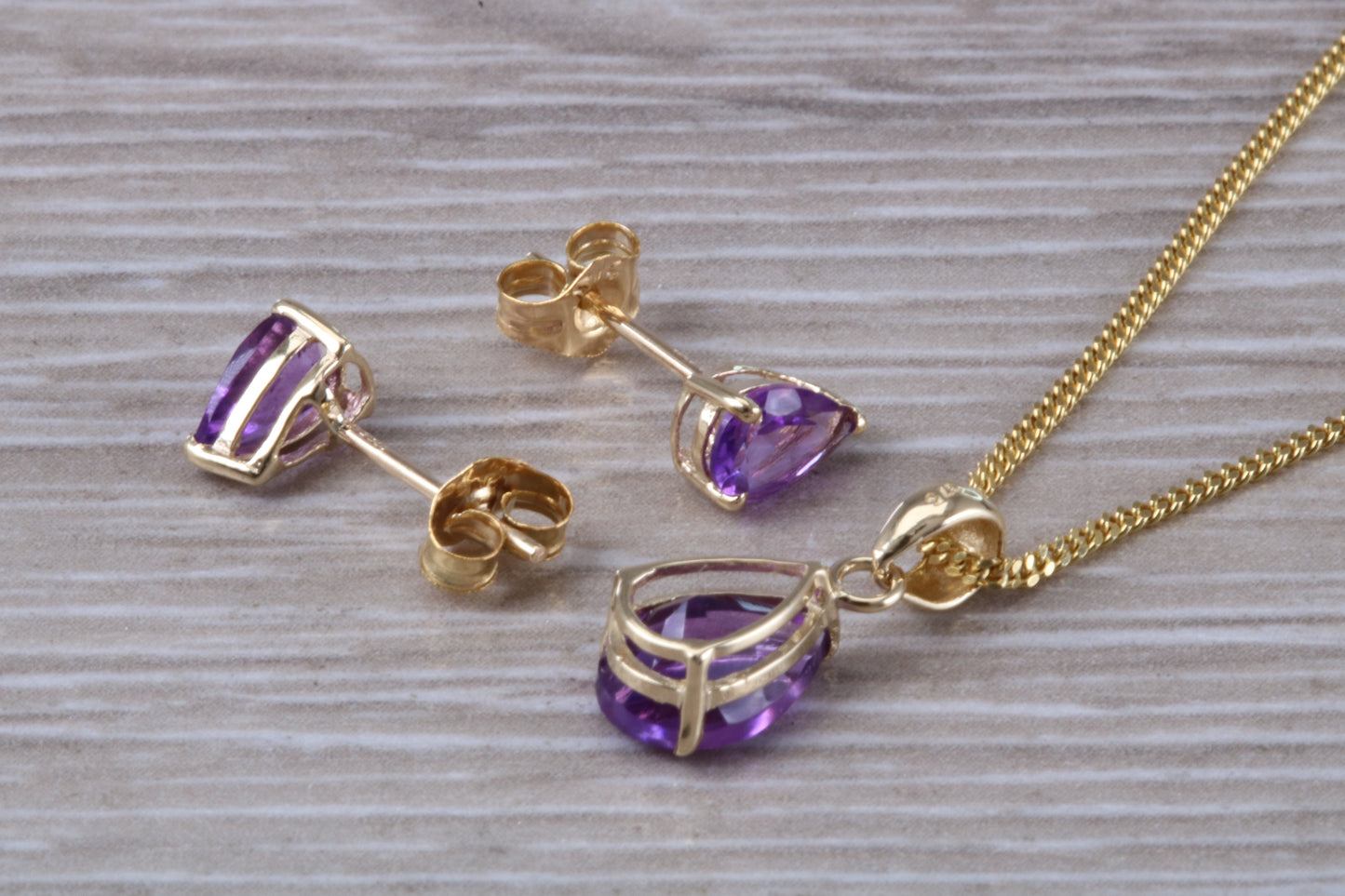 Real Amethyst Earrings and Necklace Set, Solid 9ct Yellow Gold