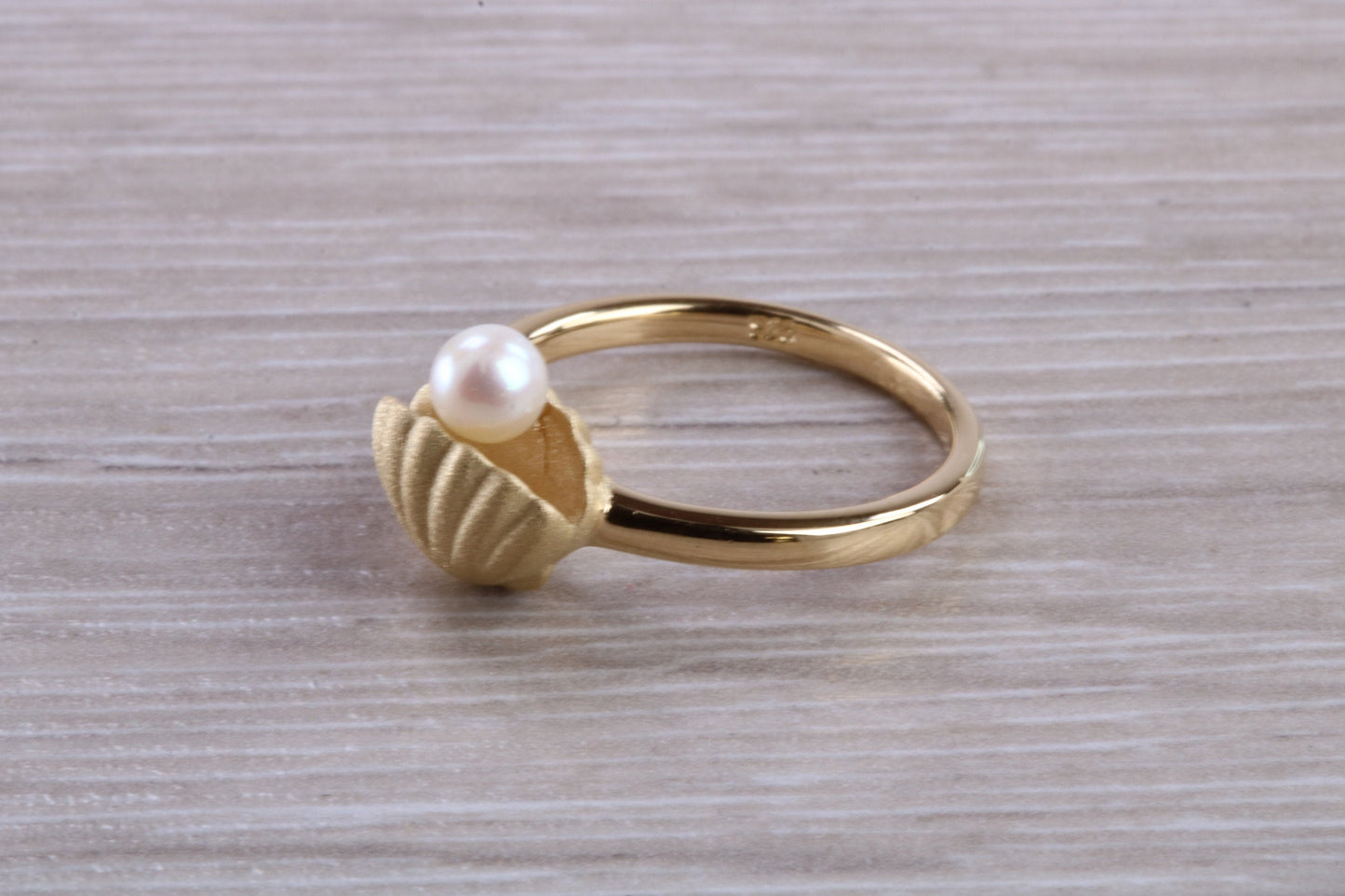Real Pearl set Shell Ring, made from solid sterling silver with 18ct Yellow Gold plating, suitable for all ages