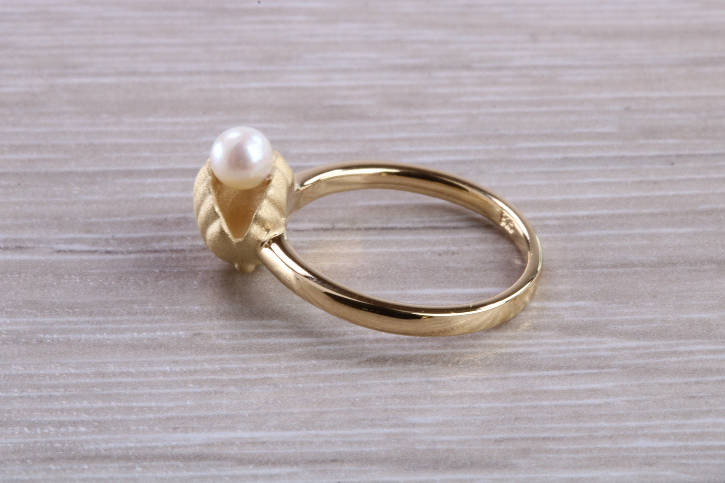 Real Pearl set Shell Ring, made from solid sterling silver with 18ct Yellow Gold plating, suitable for all ages