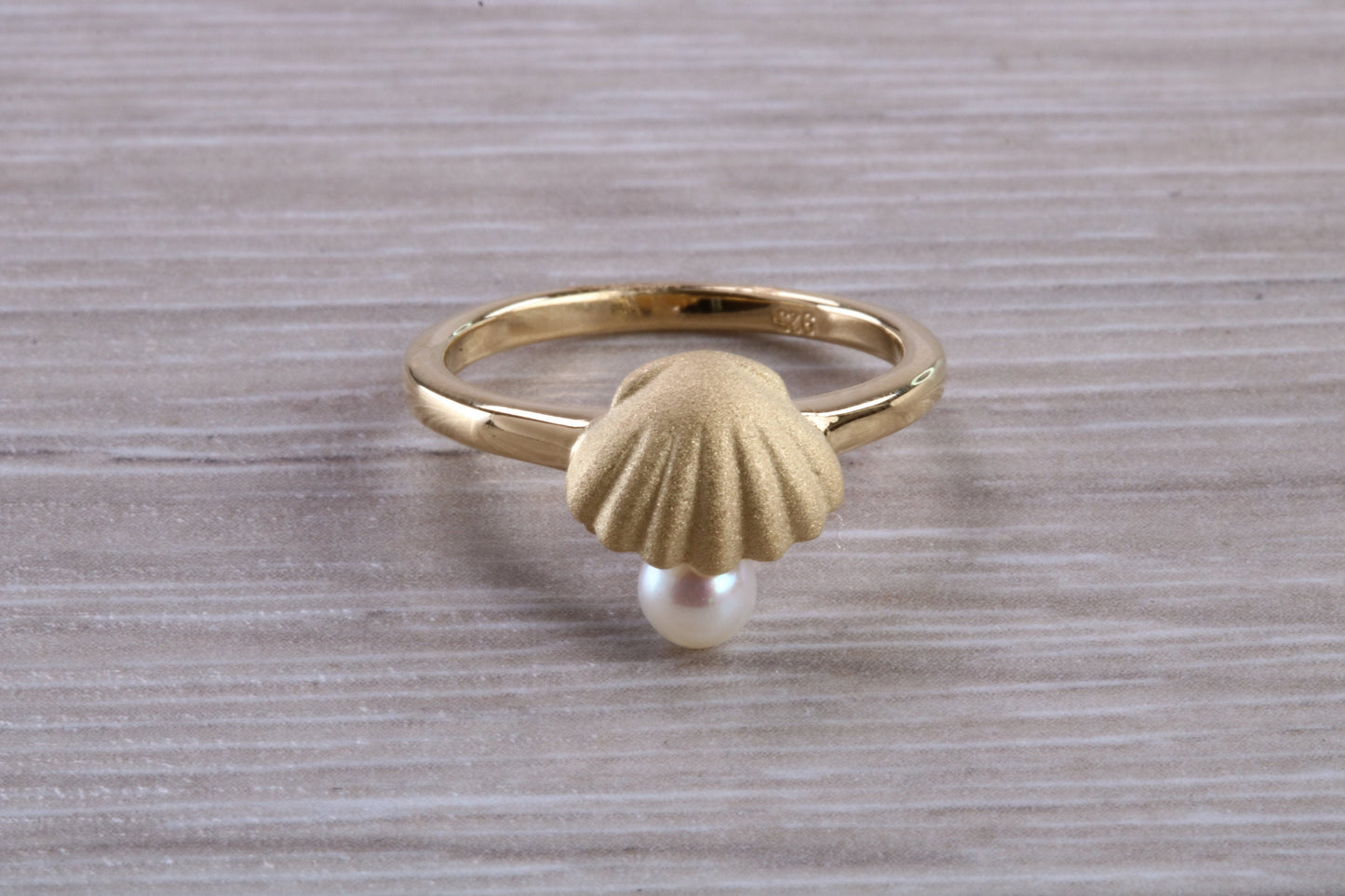Real Pearl set Shell Ring, made from solid sterling silver with 18ct Yellow Gold plating, suitable for all ages