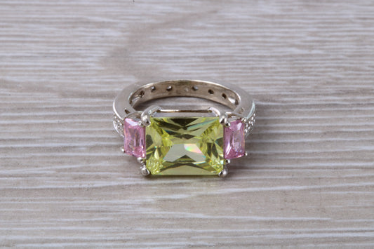 Dressy real Diamond look ring, sterling silver set with Peridot and Diamond look Cubic Zirconia, Ideal promise, dress engagement ring