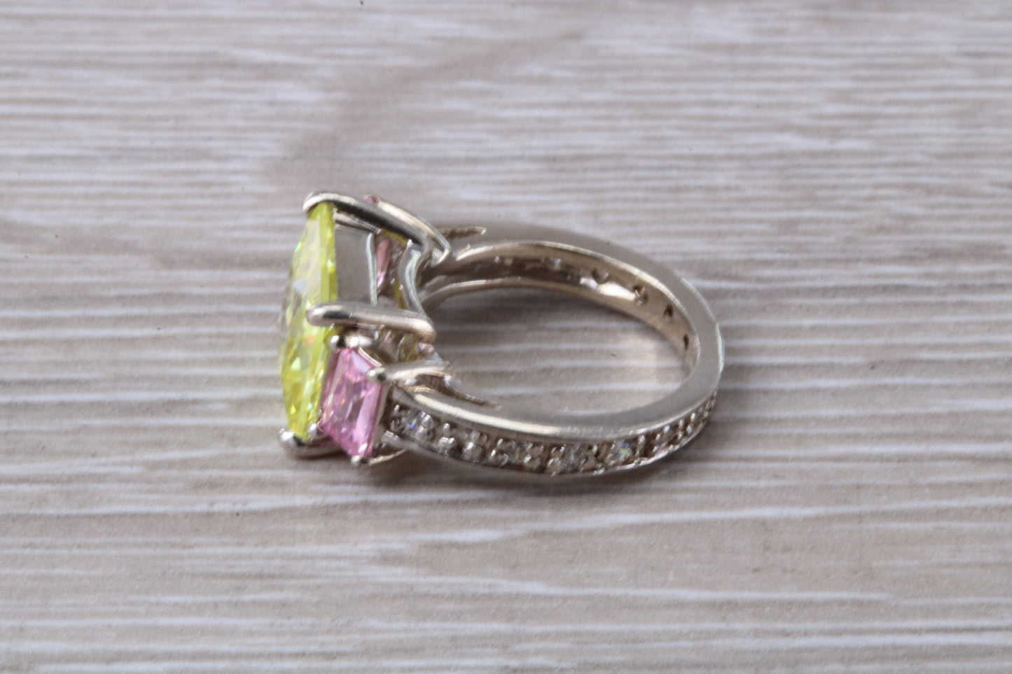 Dressy real Diamond look ring, sterling silver set with Peridot and Diamond look Cubic Zirconia, Ideal promise, dress engagement ring