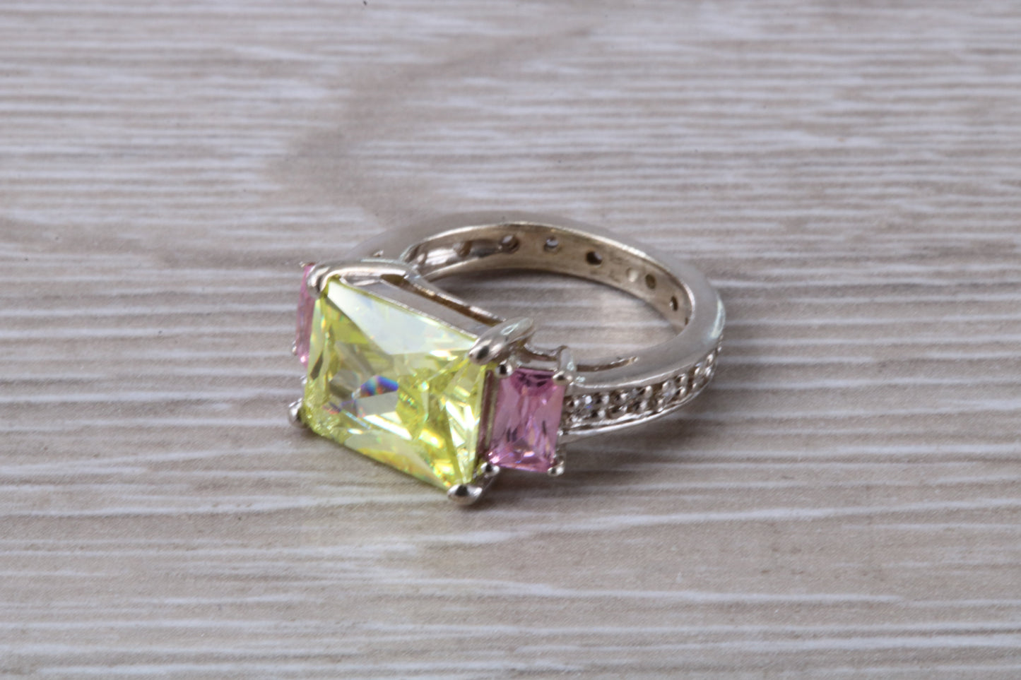Dressy real Diamond look ring, sterling silver set with Peridot and Diamond look Cubic Zirconia, Ideal promise, dress engagement ring