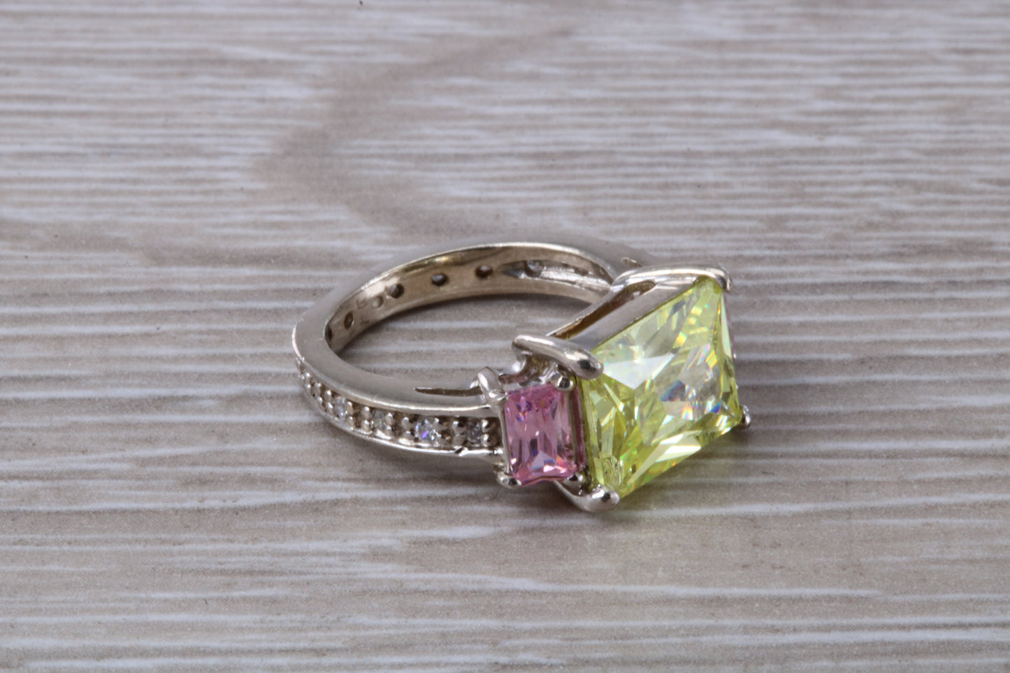 Dressy real Diamond look ring, sterling silver set with Peridot and Diamond look Cubic Zirconia, Ideal promise, dress engagement ring