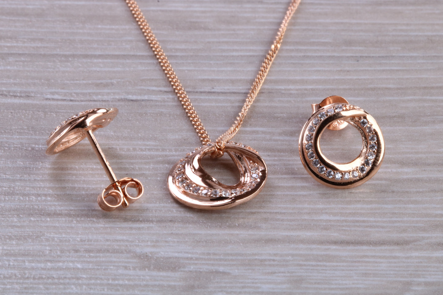 Rose Gold Necklace and Matching Stud Earrings set with Diamond White C Z