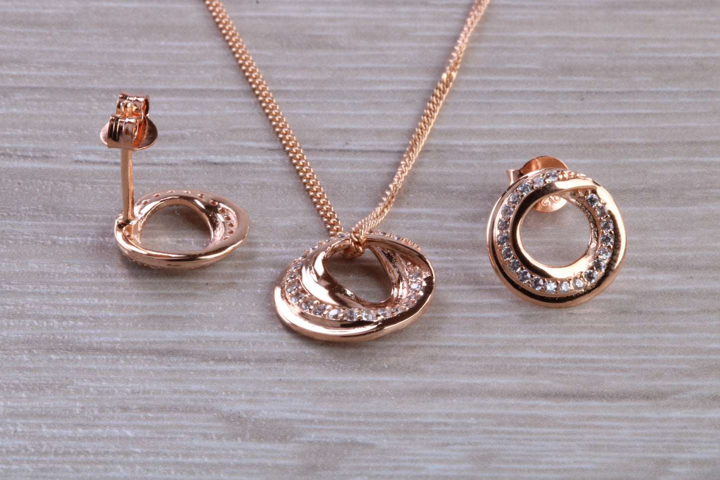 Rose Gold Necklace and Matching Stud Earrings set with Diamond White C Z