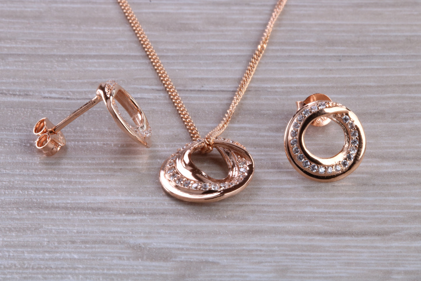 Rose Gold Necklace and Matching Stud Earrings set with Diamond White C Z
